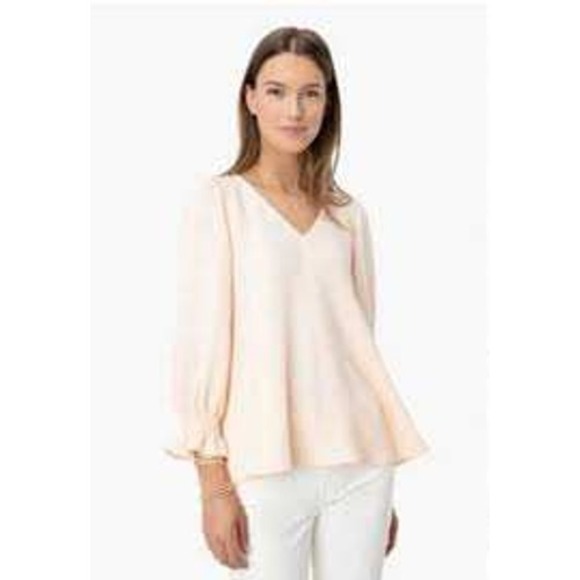 Tuckernuck Tops - Tuckernuck Peach Textured V-Neck Smocked Cuff Ruffle Blouse Top Medium